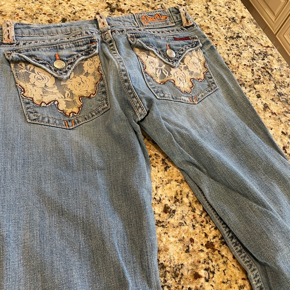 Miss Me jeans low rise with lace trim .